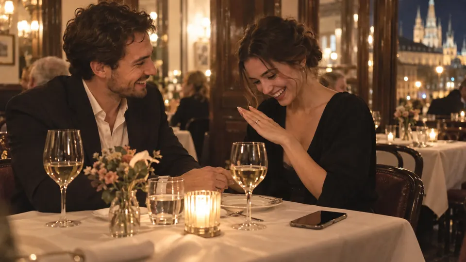 Ein Paar sitzt in einem Wiener Restaurant bei Kerzenlicht, sie hat gerade Ja gesagt und schaut lachend auf den Ring an ihrer Hand.