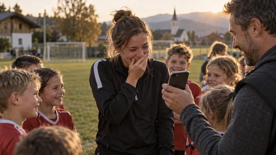 Ein Vater spielt einer Fußballtrainerin am Sportplatz ein Lied auf dem Handy vor, die Kinder der Mannschaft stehen lachend um sie herum.