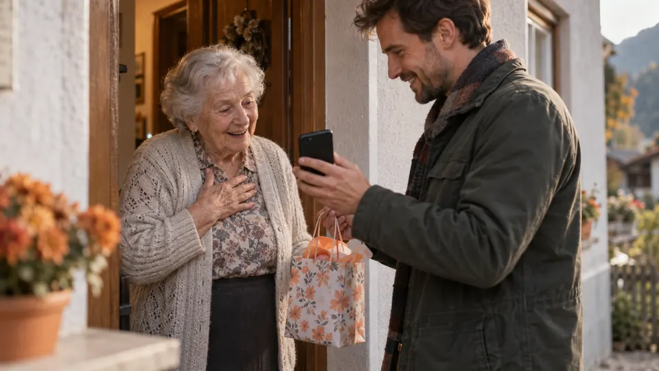 Eine ältere Nachbarin steht an ihrer Haustür, ein Mann spielt ihr auf dem Handy ihr Lied vor und sie legt gerührt die Hand aufs Herz.