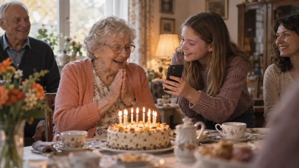 Eine Großmutter sitzt an ihrem 75. Geburtstag vor der Torte, ihre Enkelin spielt ihr auf dem Handy ihr Lied vor.