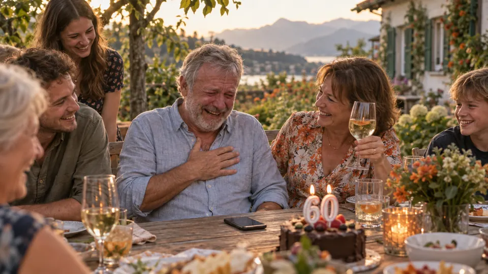 Ein Mann feiert im Garten seinen 60. Geburtstag, auf dem Tisch spielt ein Handy sein Lied, er lacht gerührt, die Familie stößt an.