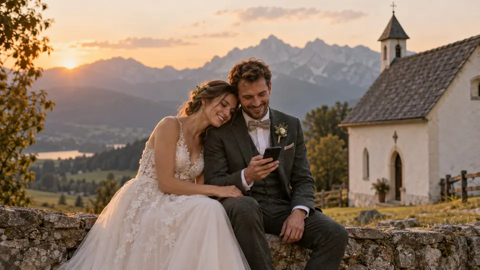 Ein Brautpaar sitzt vor einer kleinen Kapelle in den Bergen und hört gemeinsam ein Lied auf dem Handy.