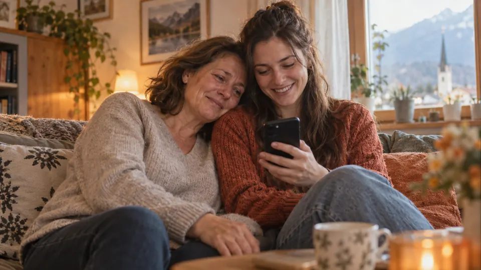 Eine Mutter und ihre erwachsene Tochter sitzen aneinandergelehnt auf dem Sofa und hören ein Lied auf dem Handy.