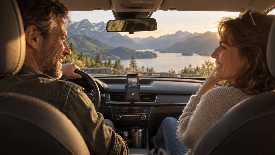 Ein Paar sitzt im Auto an einem Aussichtspunkt über einem Bergsee und hört ein Lied.