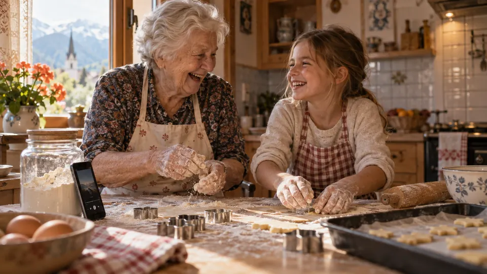 Eine Großmutter und ihre Enkelin backen gemeinsam Kekse, neben dem Teig spielt ein Handy ein Lied.