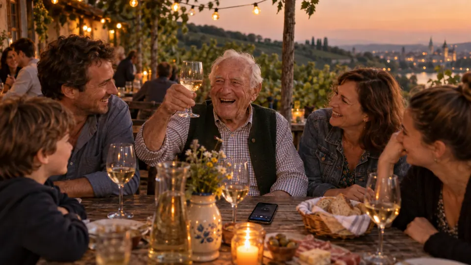 Ein Großvater sitzt mit seiner Familie beim Heurigen und hebt lachend sein Glas.
