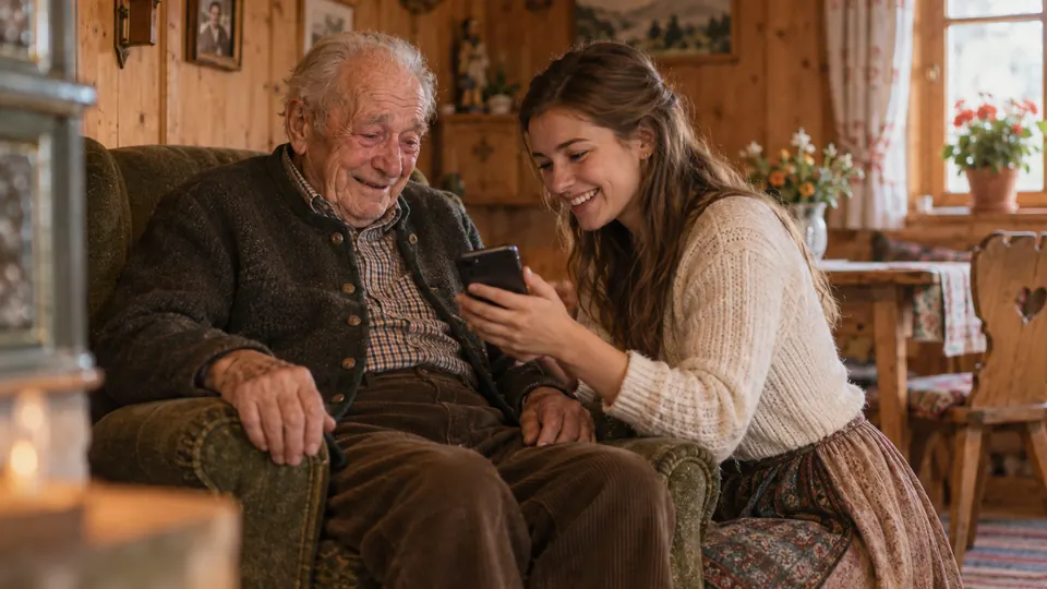 Eine junge Frau spielt ihrem Großvater im Ohrensessel ein Lied auf dem Handy vor, er lächelt gerührt.