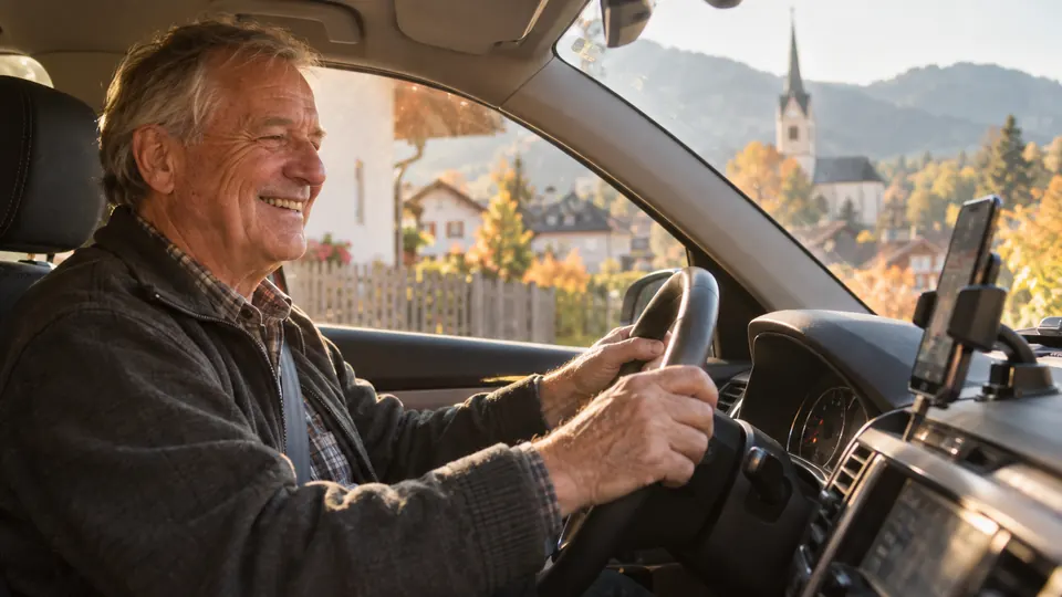 Ein älterer Mann sitzt am Steuer seines Autos und lächelt, während er sein Lied hört.