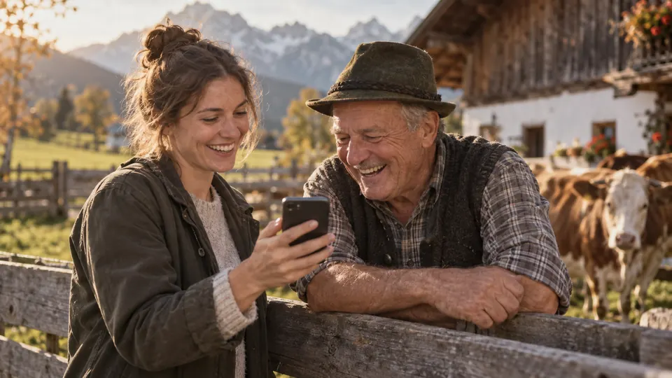 Eine Tochter spielt ihrem Vater am Zaun beim Bauernhof ein Lied auf dem Handy vor, er lacht.