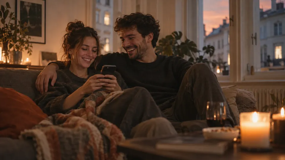 Ein junges Paar sitzt bei Kerzenlicht auf dem Sofa und hört gemeinsam ein Lied auf dem Handy.