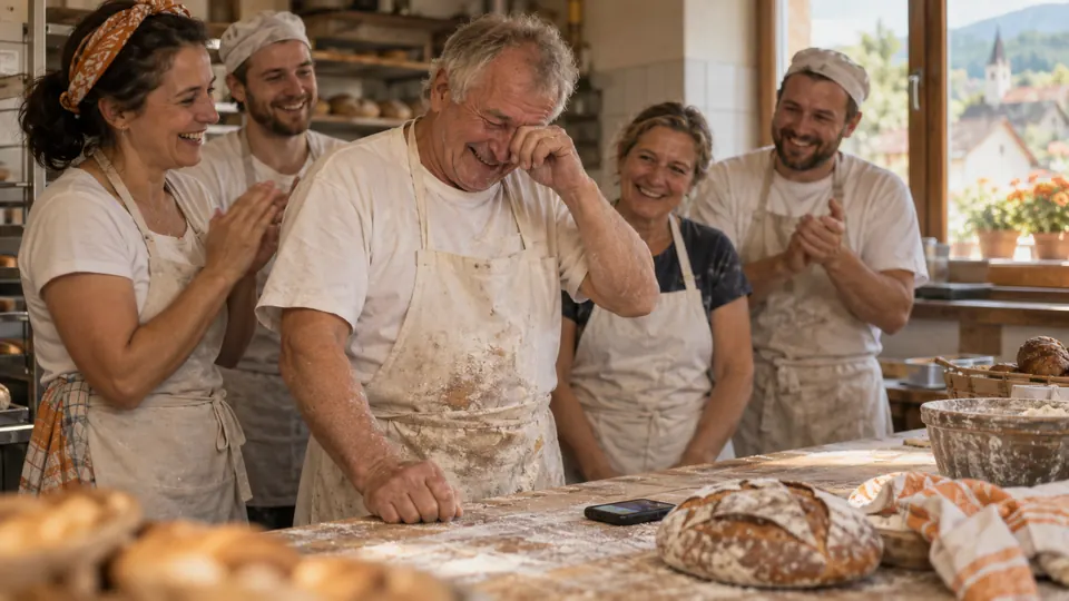 Ein Bäcker hat seinen letzten Arbeitstag in der Backstube, seine Kolleginnen und Kollegen applaudieren ihm.