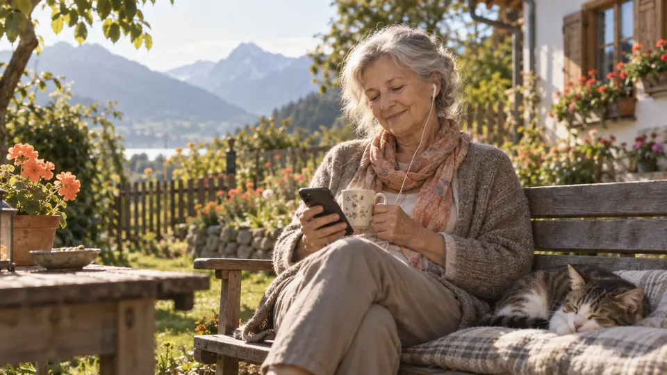 Eine Frau in der Pension sitzt mit Kaffee und Handy in der Morgensonne auf der Gartenbank, neben ihr schläft eine Katze.
