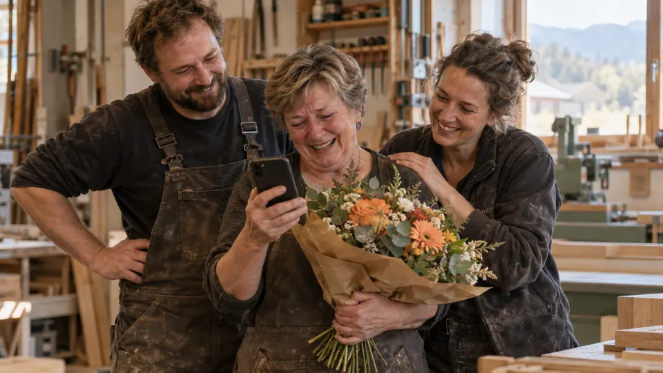 Eine Frau mit Blumenstrauß hört in der Tischlerwerkstatt ihr Lied zur Pension auf dem Handy, zwei Kollegen freuen sich mit ihr.