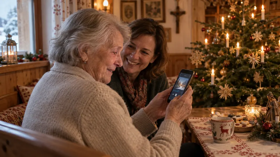 Eine ältere Frau hört vor dem Christbaum ein Lied auf ihrem Handy, ihre Tochter sitzt daneben und lächelt sie an.